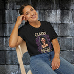 Model wearing the Classy Boujee Batsh*t Halloween graphic tee in black