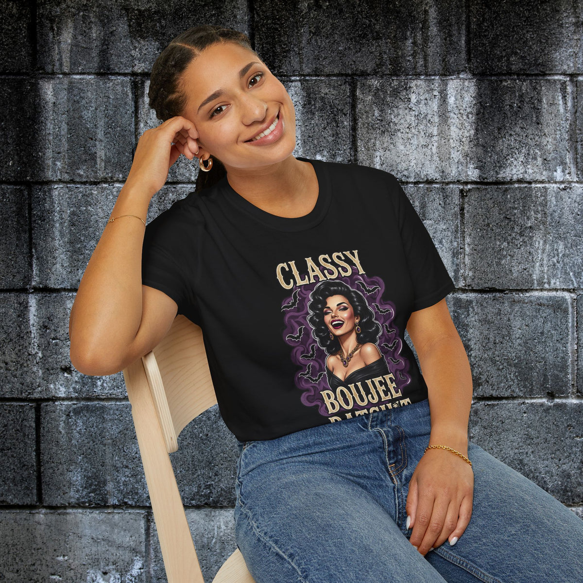 Model wearing the Classy Boujee Batsh*t Halloween graphic tee in black