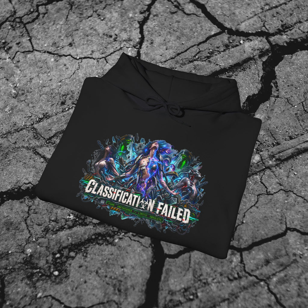 Folded black We Outgrew the System graphic hoodie showing the colorful cyberpunk front print and heavyweight fabric
