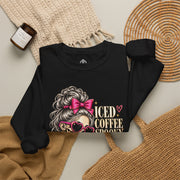 Iced Coffee & Big Plans black crewneck sweatshirt styled flat with cozy autumn accessories