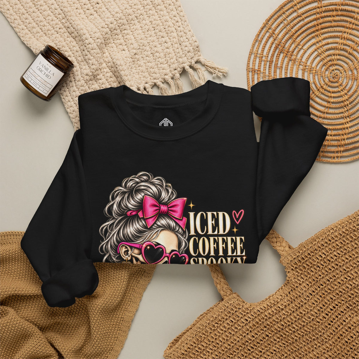 Iced Coffee & Big Plans black crewneck sweatshirt styled flat with cozy autumn accessories