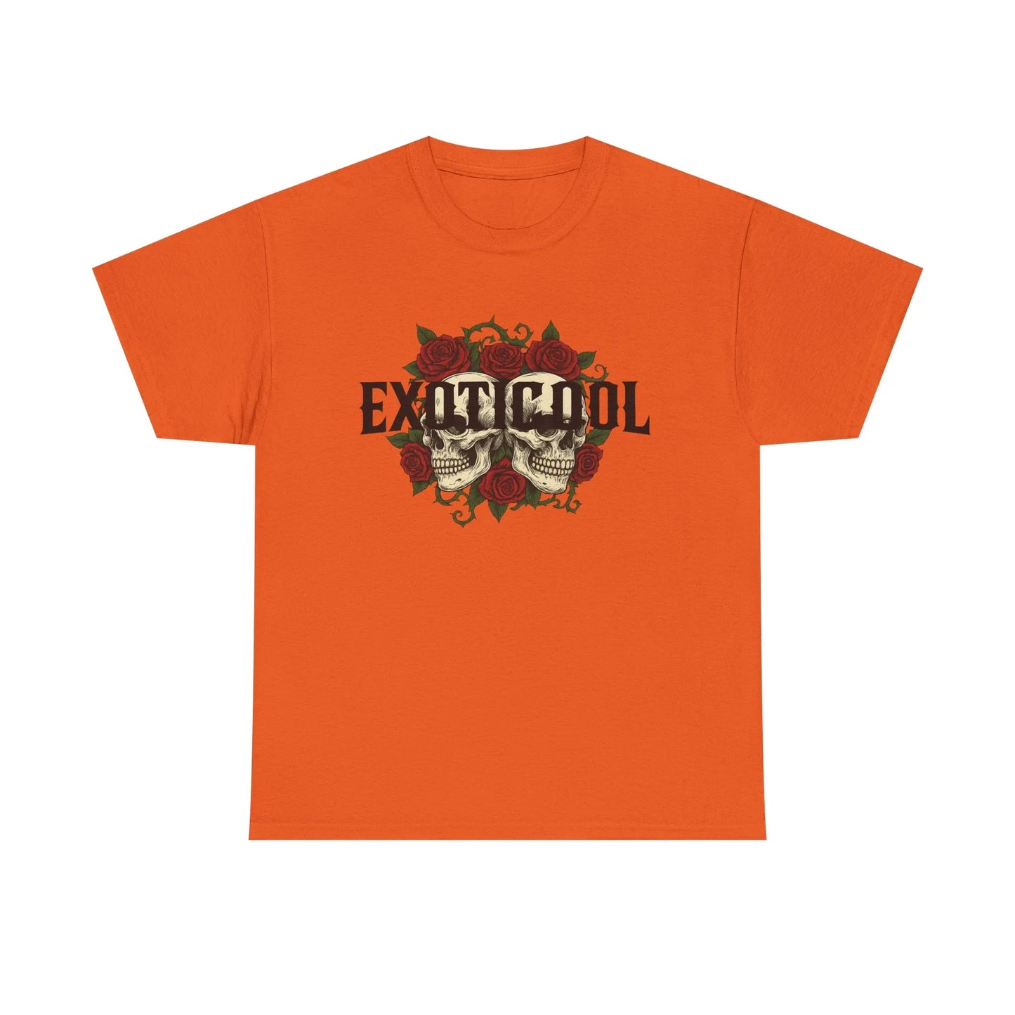 Orange graphic t-shirt with skulls, red roses, and EXIT COOL text design