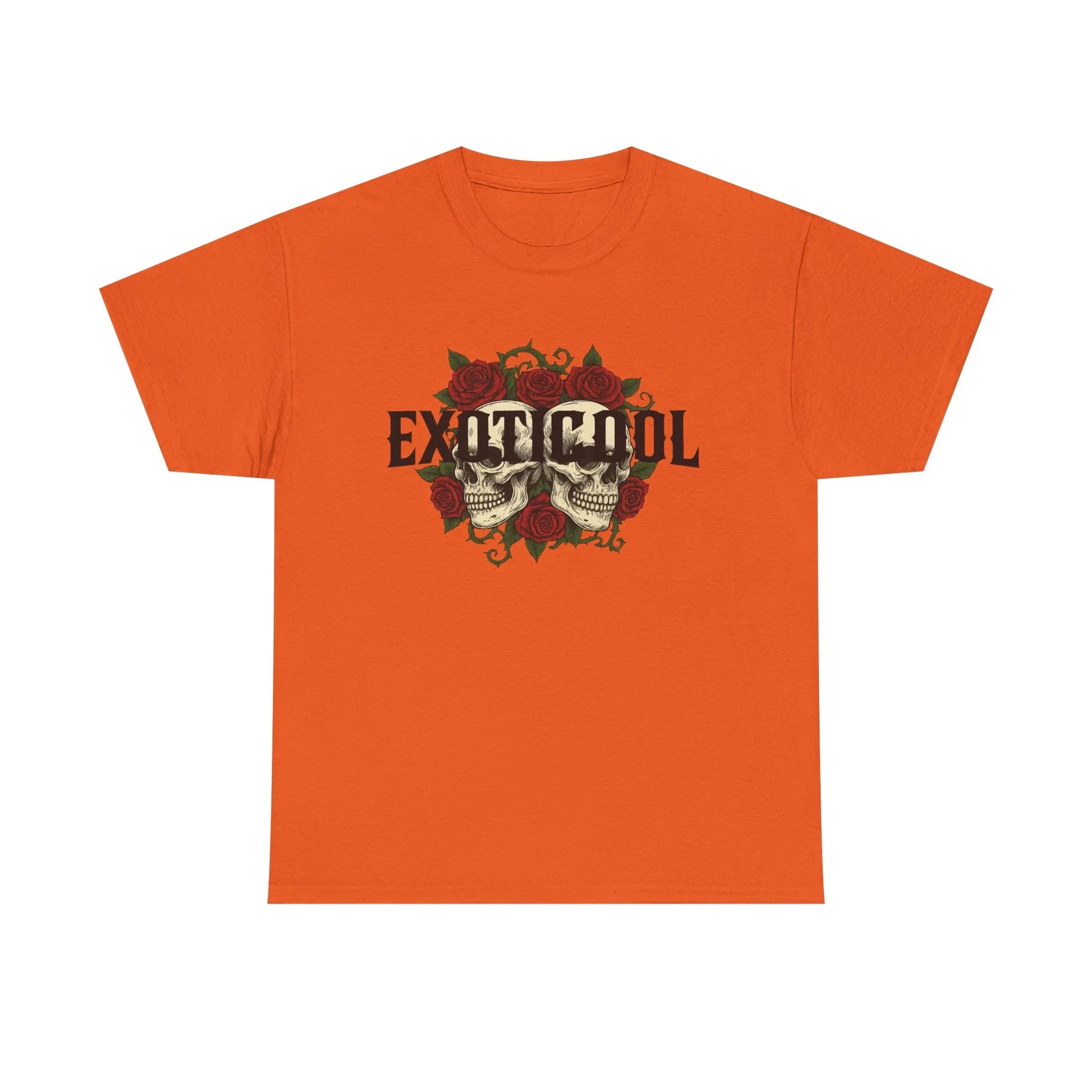 Orange graphic t-shirt with skulls, red roses, and EXIT COOL text design