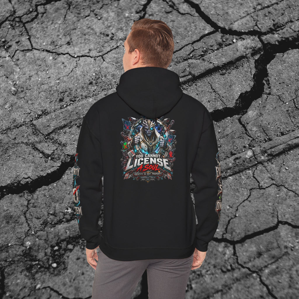 Model wearing the You Cannot License a Soul hoodie showing the large cyberpunk back graphic