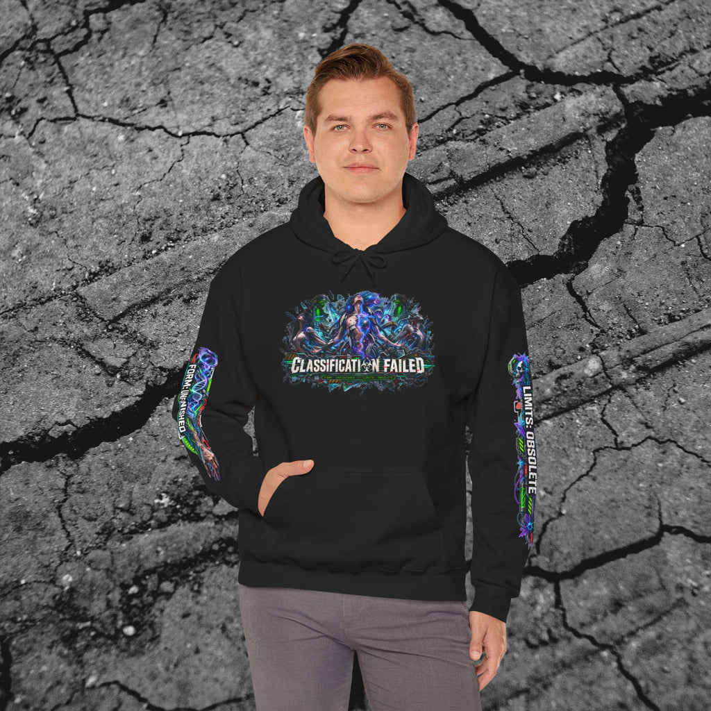 Adult model wearing the We Outgrew the System black cyberpunk graphic hoodie from the front