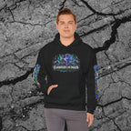 Adult model wearing the We Outgrew the System black cyberpunk graphic hoodie from the front