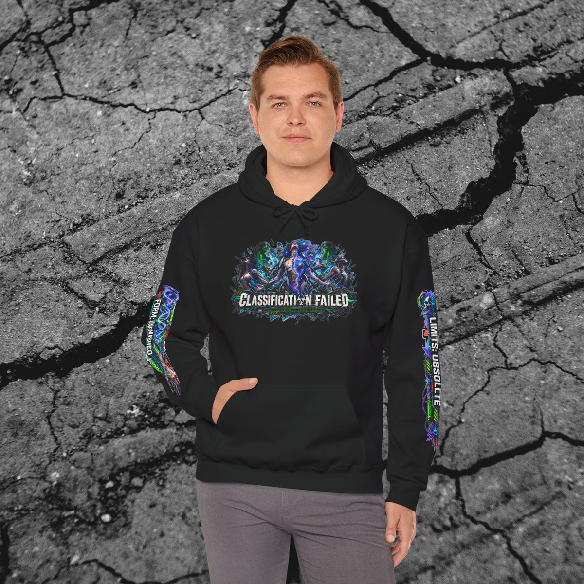Adult model wearing the We Outgrew the System black cyberpunk graphic hoodie from the front