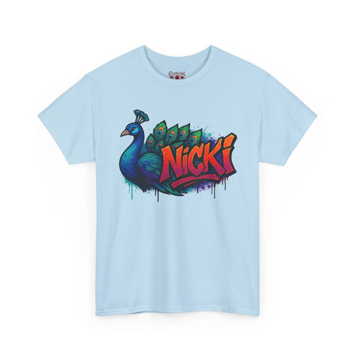 Light blue t-shirt with colorful peacock and graffiti 'Nicki' design