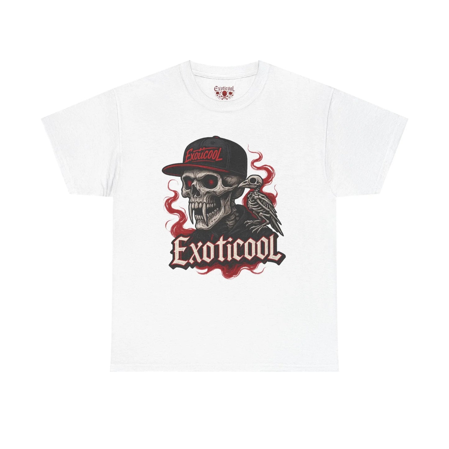 White Exoticoool t-shirt with skull in cap, raven, and red smoke graphic design