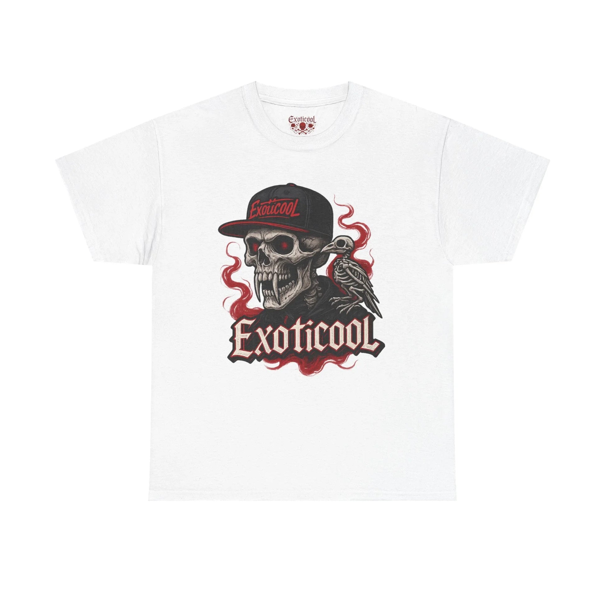 White Exoticoool t-shirt with skull in cap, raven, and red smoke graphic design