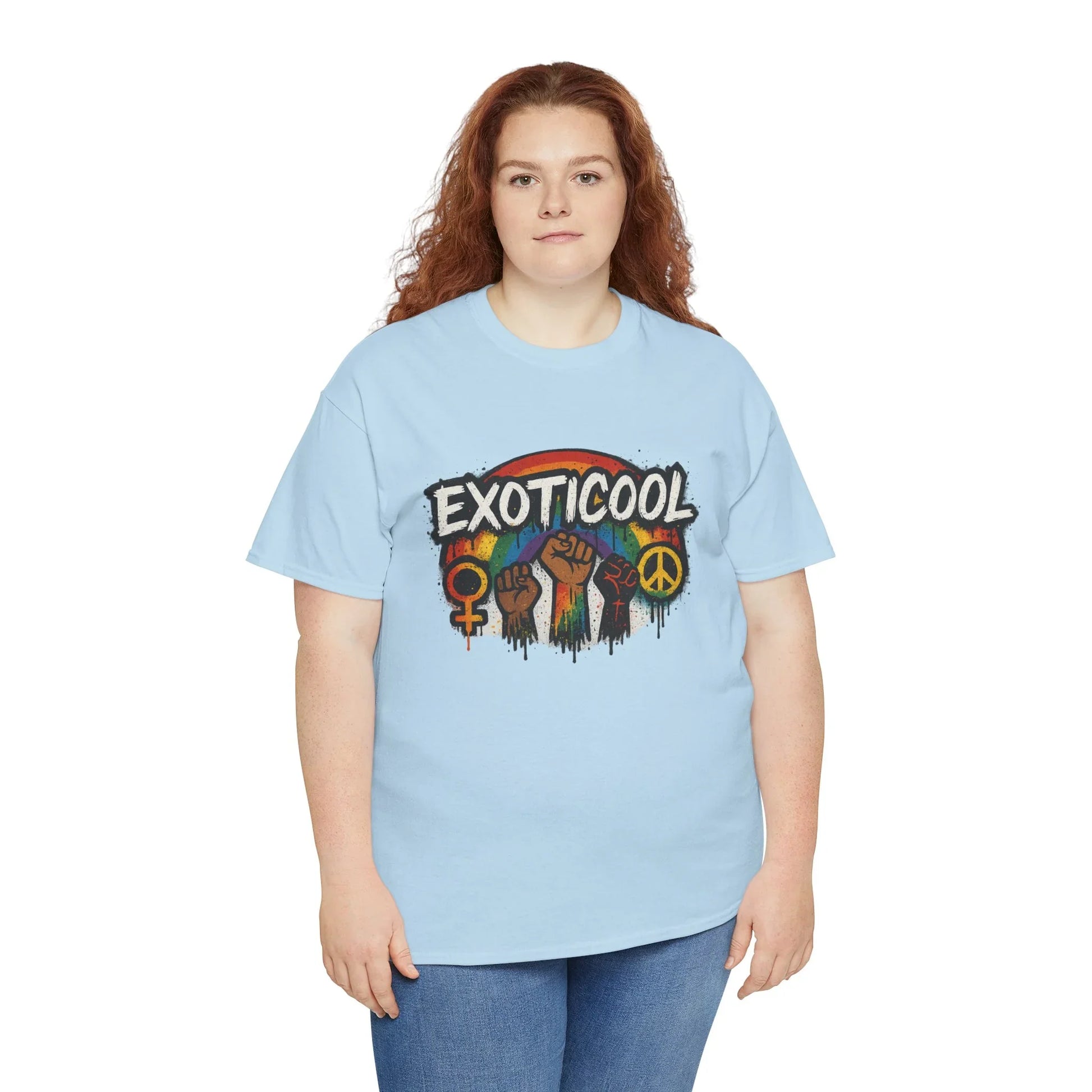 Woman in light blue EXOTICOOL t-shirt with rainbow and empowerment symbols, casual fashion