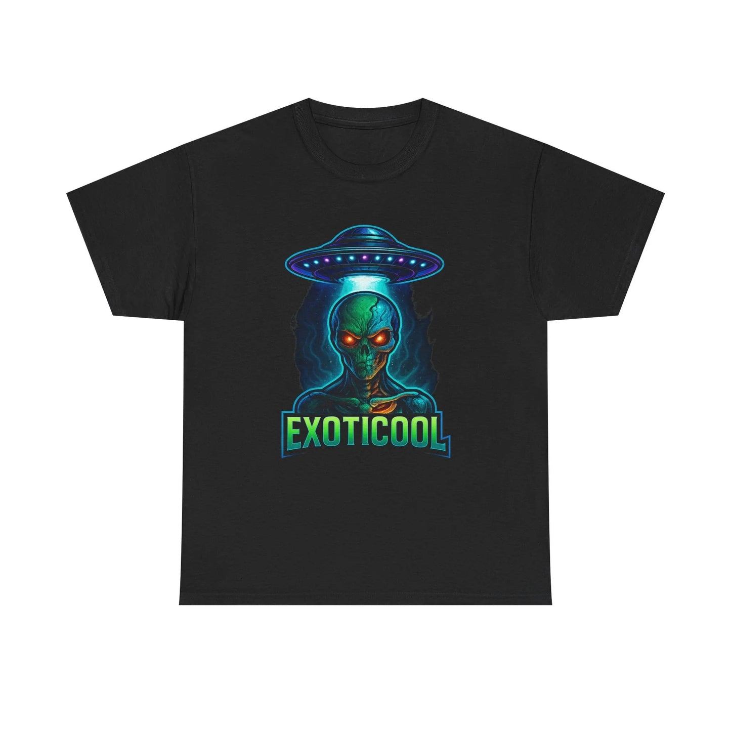 Black t-shirt with neon alien and UFO graphic, text EXOTICOOL, sci-fi streetwear