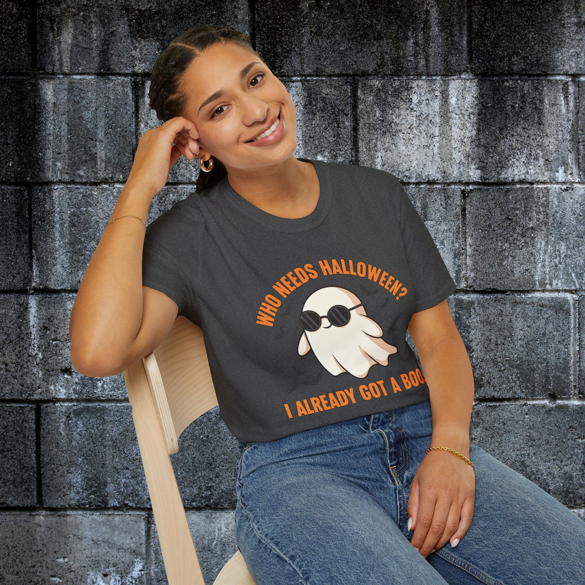 Model wearing the Who Needs Halloween? I Already Got a Boo ghost graphic tee in black
