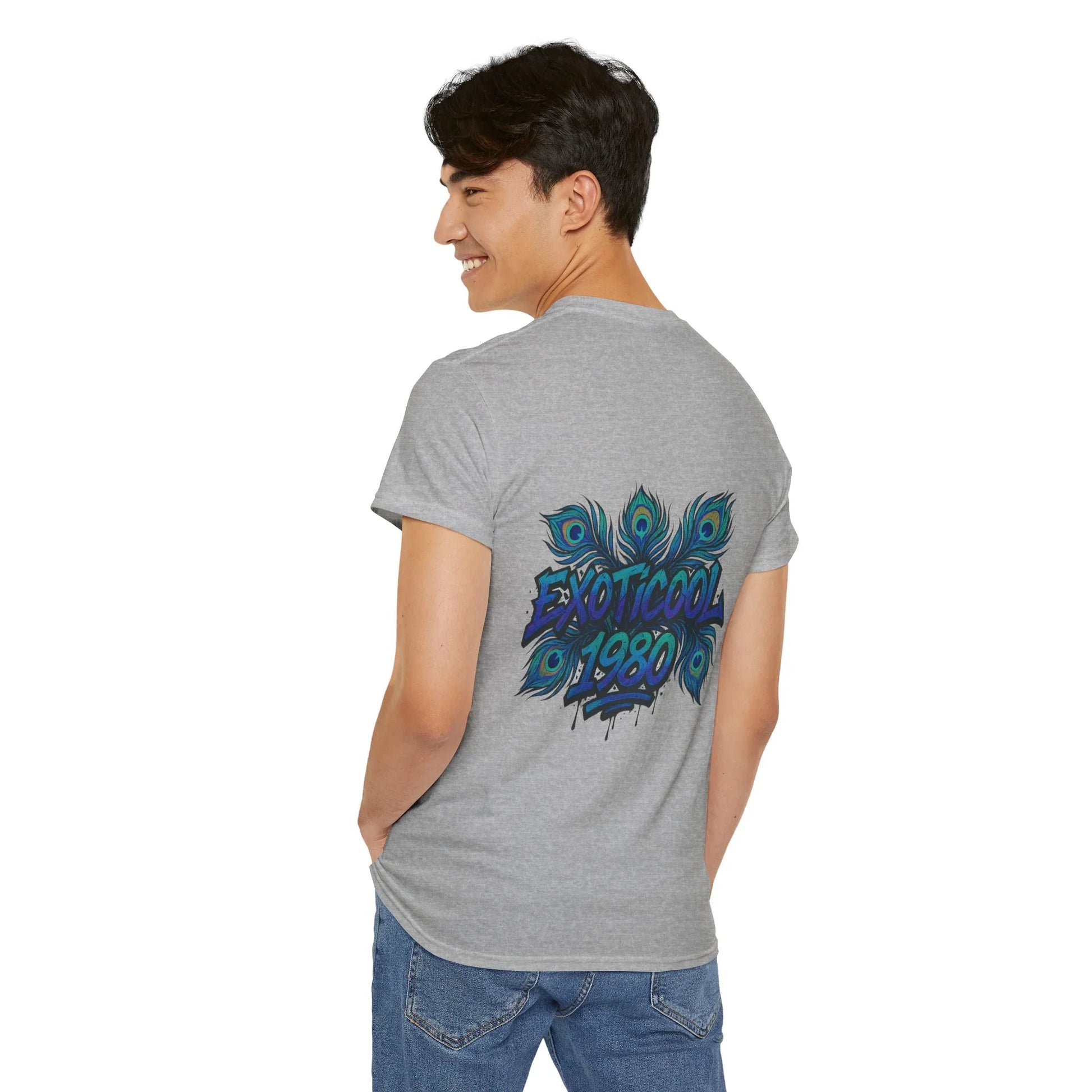 Man wearing grey t-shirt with peacock feather design and 'Exoticool 1980' text on back