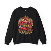 Black Manifest First, Panic Later crewneck sweatshirt with pink crystal ball, crown, cash and gold jewel graphic