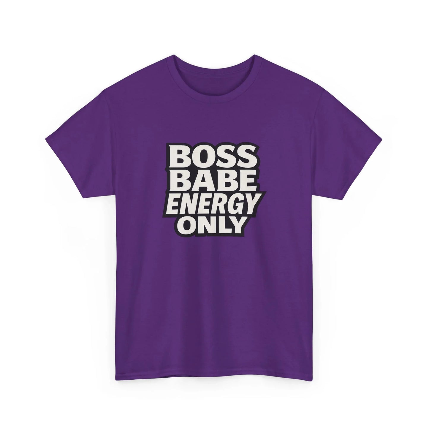 Purple t-shirt with bold white 'Boss Babe Energy Only' slogan graphic print