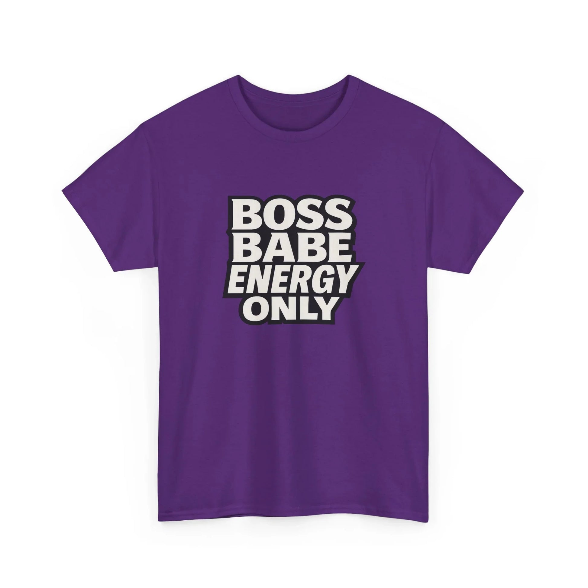 Purple t-shirt with bold white 'Boss Babe Energy Only' slogan graphic print