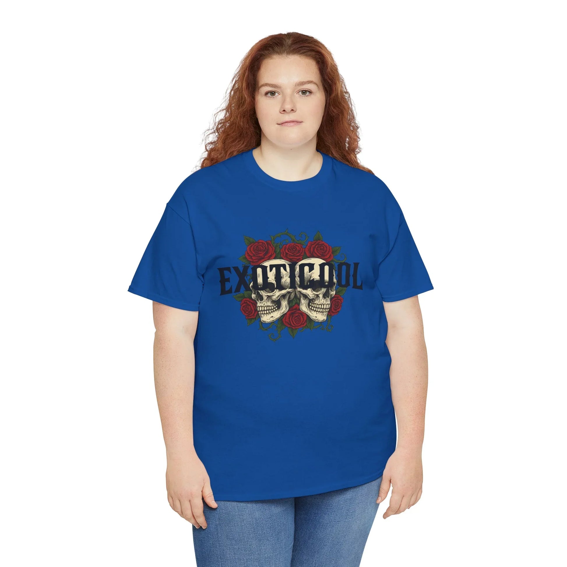 Woman wearing blue EXOTICOOL skull and red roses graphic t-shirt with jeans