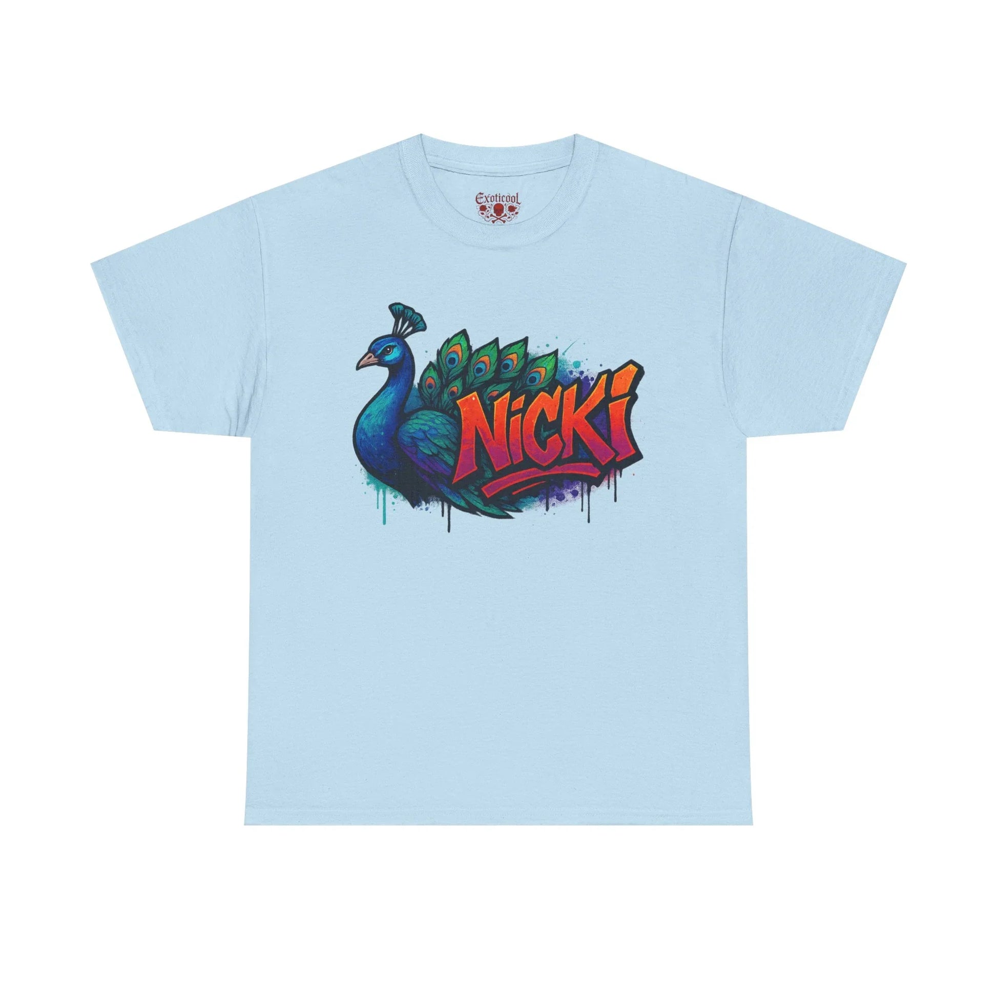 Light blue t-shirt with colorful peacock and bold Nicki graffiti graphic print