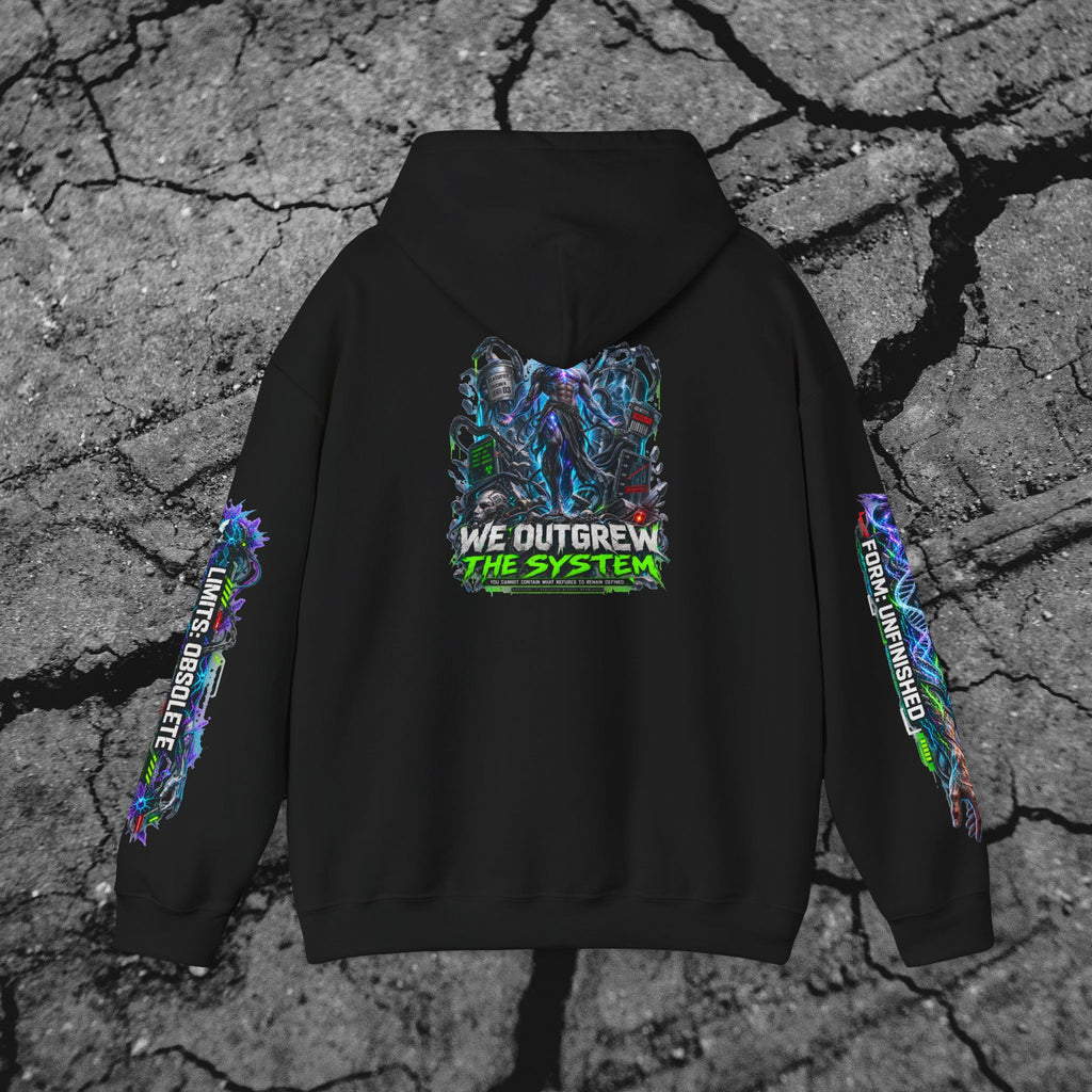 Hooded Back view of We Outgrew the System cyberpunk hoodie featuring the large evolved figure and We Outgrew the System artwork