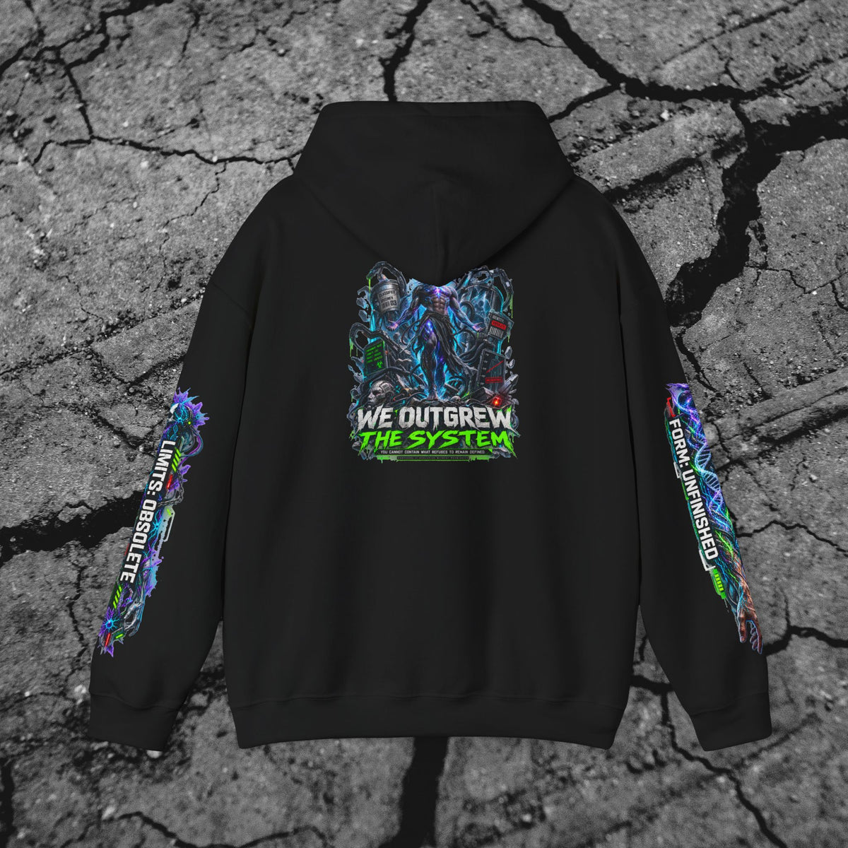Hooded Back view of We Outgrew the System cyberpunk hoodie featuring the large evolved figure and We Outgrew the System artwork