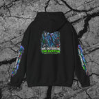 Hooded Back view of We Outgrew the System cyberpunk hoodie featuring the large evolved figure and We Outgrew the System artwork