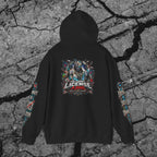 Back view of You Cannot License a Soul cyberpunk hoodie featuring the armored extraterrestrial signal-bearer artwork