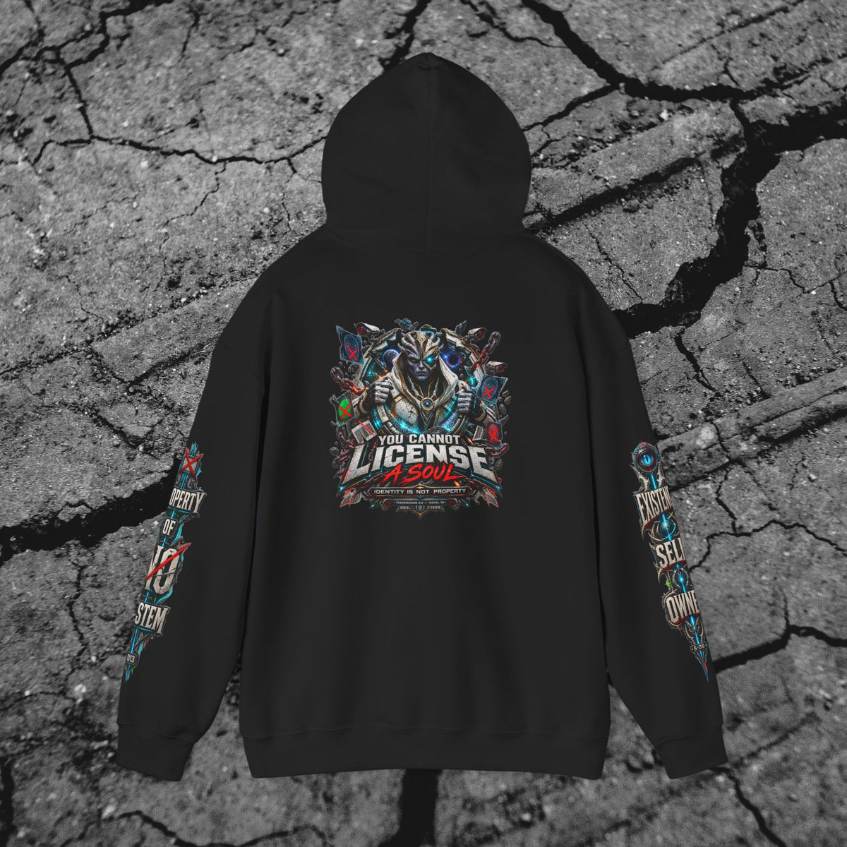 Back view of You Cannot License a Soul cyberpunk hoodie featuring the armored extraterrestrial signal-bearer artwork