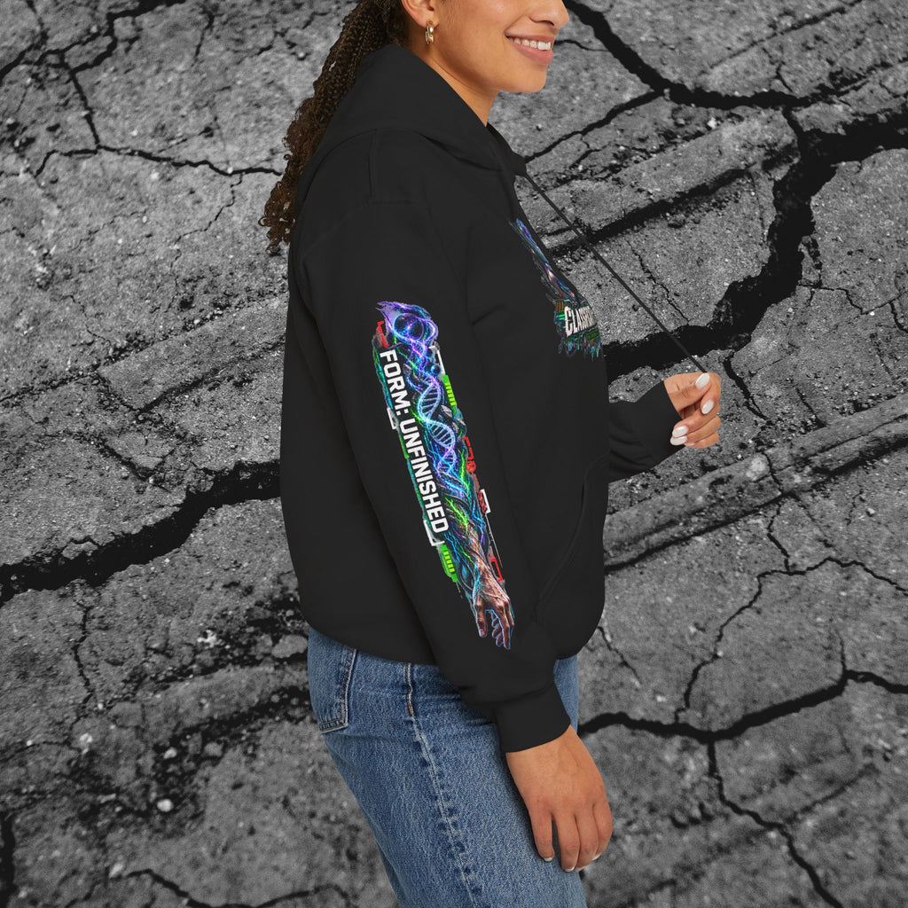 Side view of an adult model wearing the cyberpunk hoodie with the vertical Limits Obsolete left-sleeve artwork