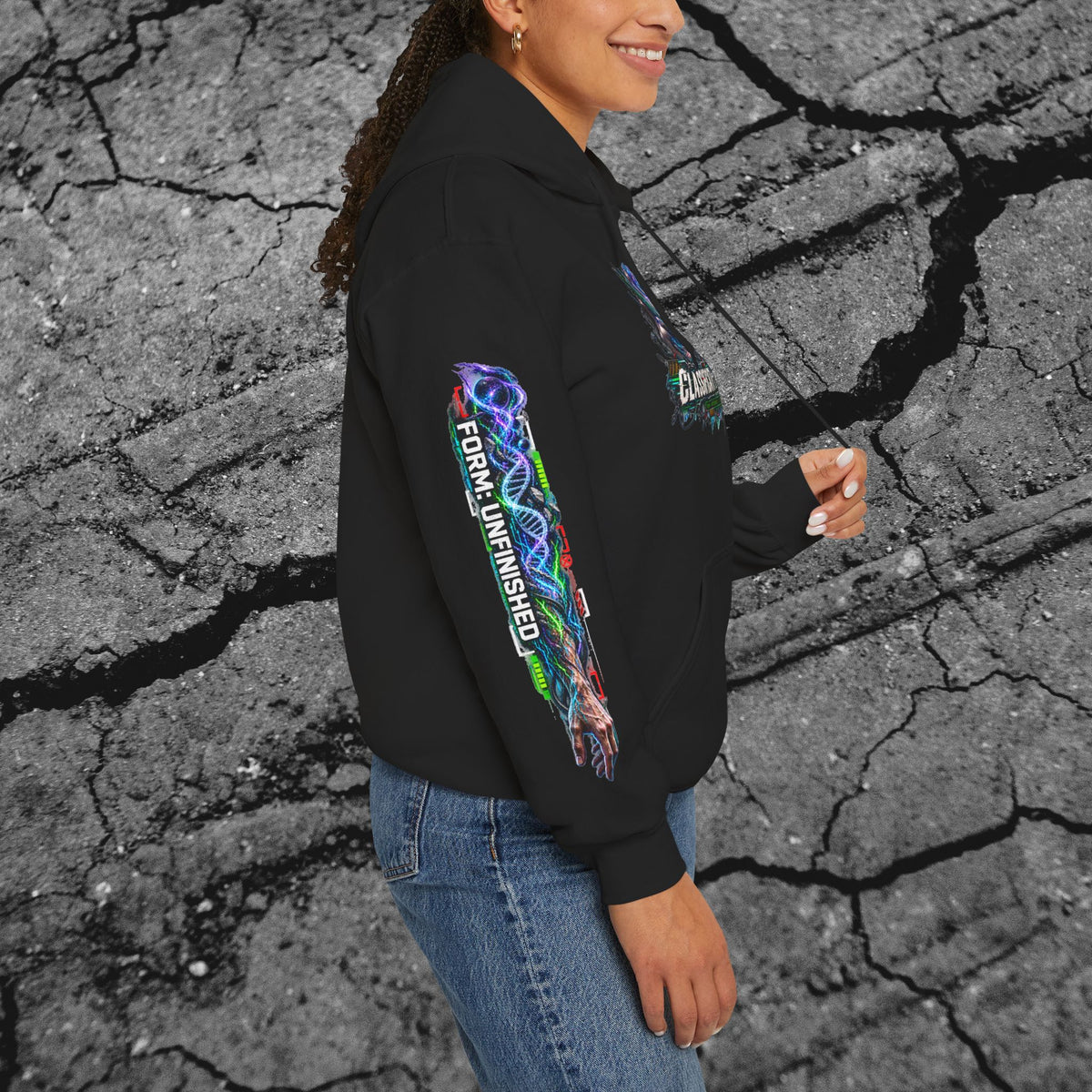 Side view of an adult model wearing the cyberpunk hoodie with the vertical Limits Obsolete left-sleeve artwork
