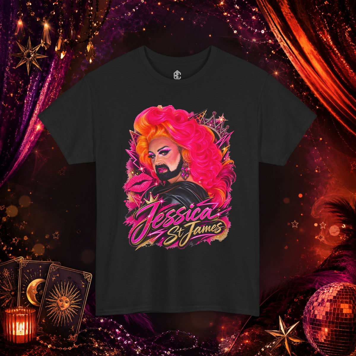 Black Jessica St. James Glamour Portrait Tee with vibrant pink drag queen artwork displayed against a theatrical red and purple backdrop