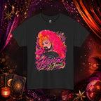 Black Jessica St. James Glamour Portrait Tee with vibrant pink drag queen artwork displayed against a theatrical red and purple backdrop