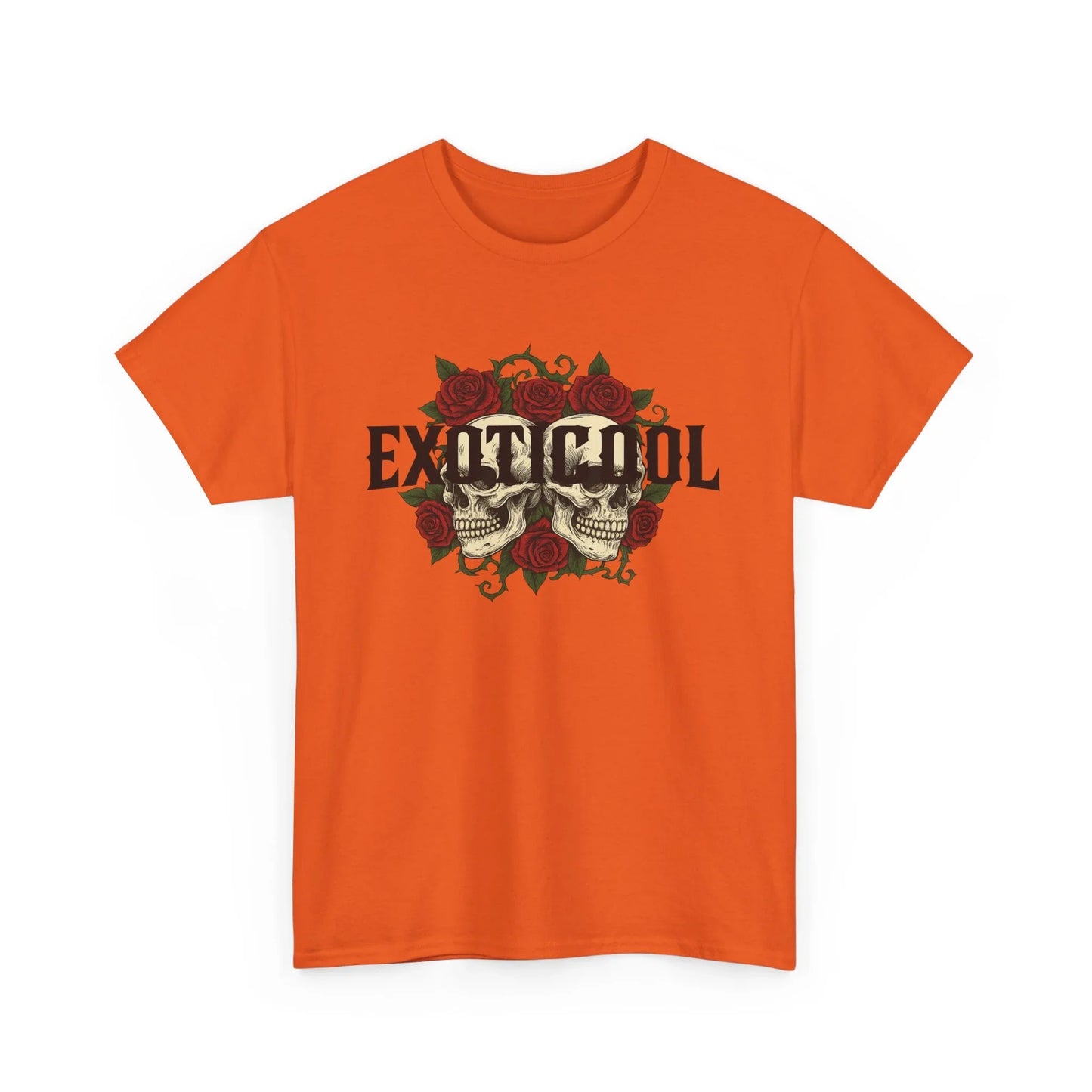 Orange t-shirt with skull and roses graphic and 'EXOTICOOL' text