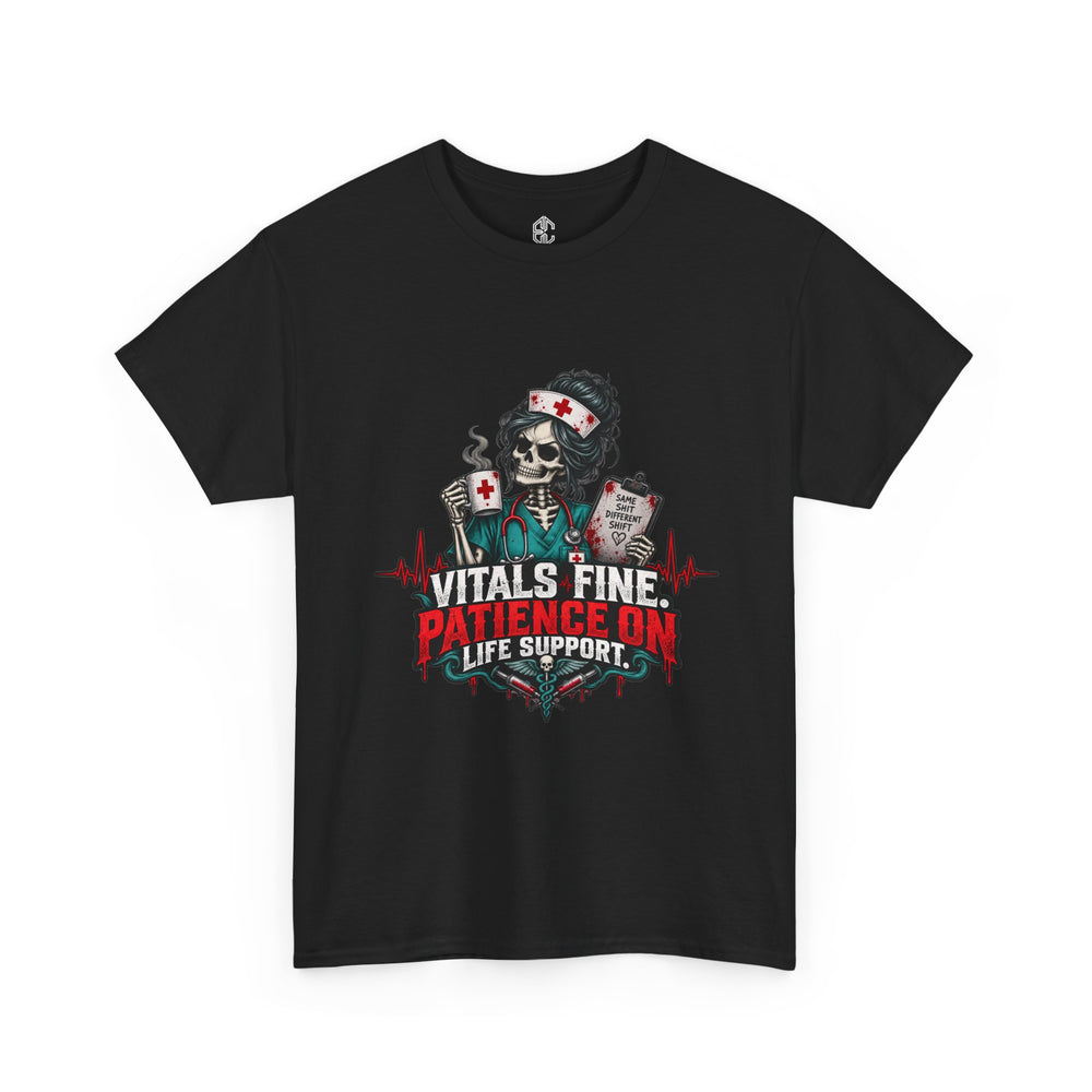Black Vitals Fine Patience on Life Support nurse T-shirt with skeleton nurse graphic