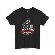 Black Vitals Fine Patience on Life Support nurse T-shirt with skeleton nurse graphic