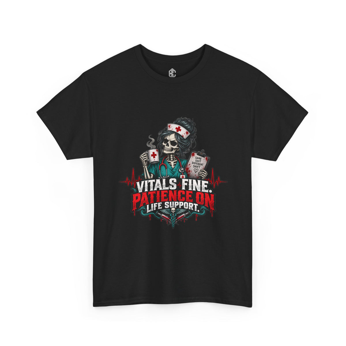 Black Vitals Fine Patience on Life Support nurse T-shirt with skeleton nurse graphic