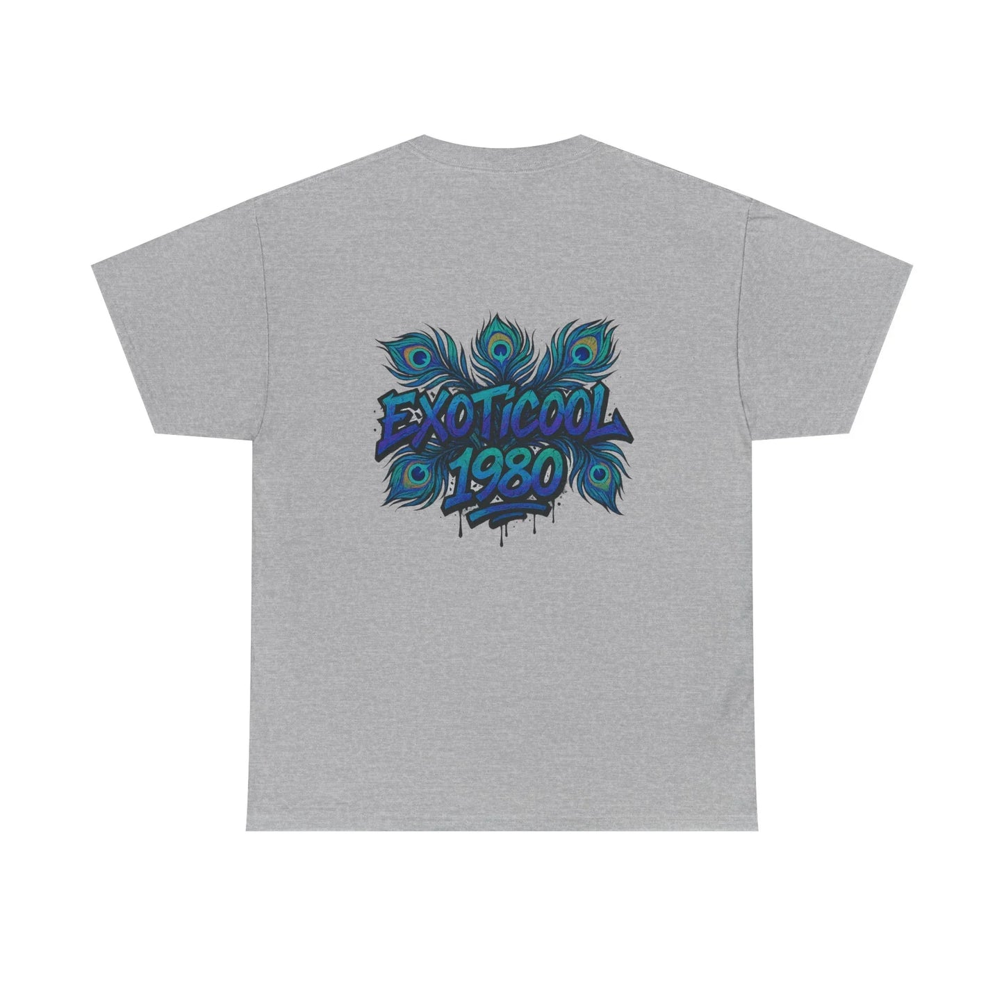 Gray t-shirt with EXOTICOOL 1980 and peacock feather graphic on the back