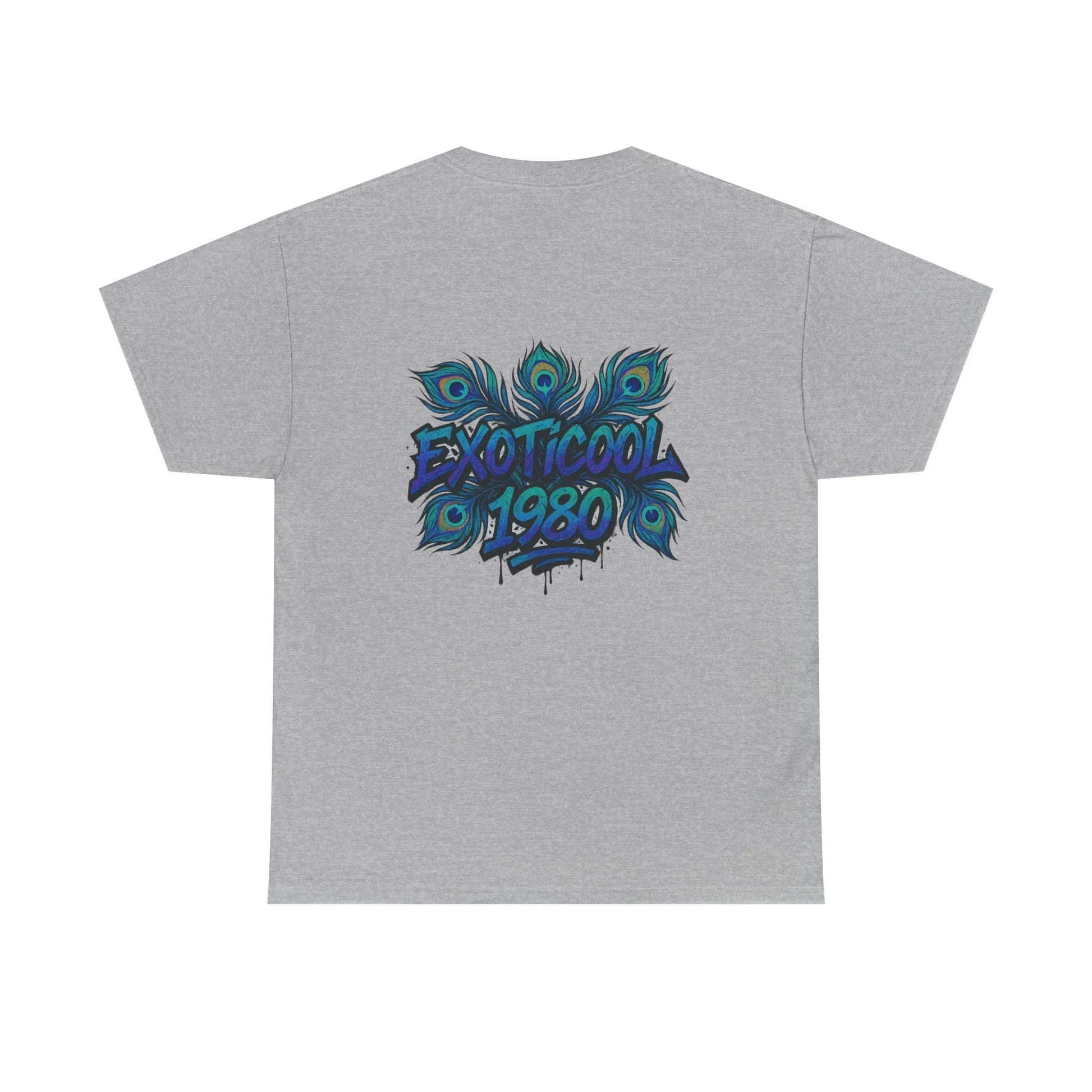 Gray t-shirt with EXOTICOOL 1980 and peacock feather graphic on the back