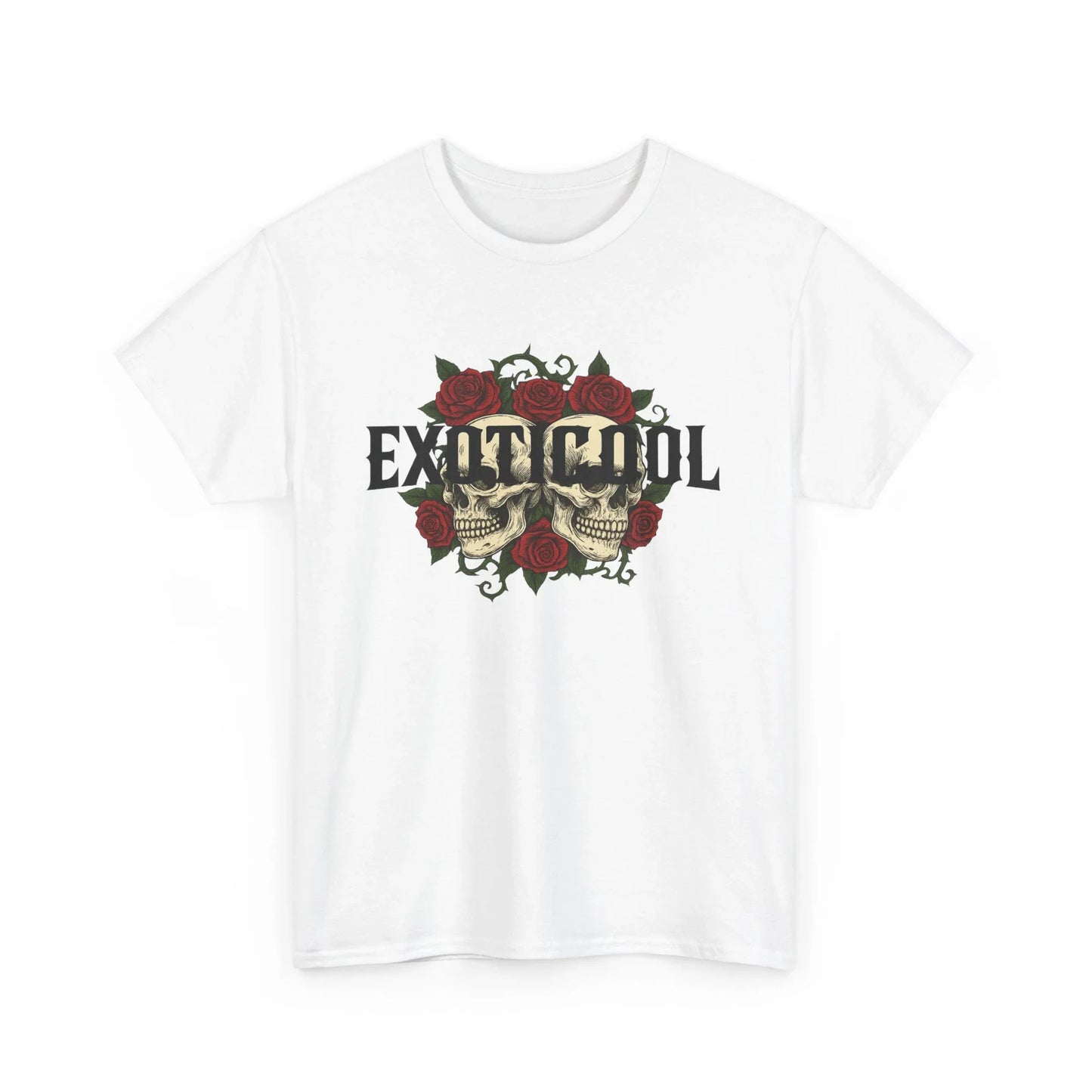 White t-shirt with twin skulls, red roses, and EXIT COOL gothic graphic design.