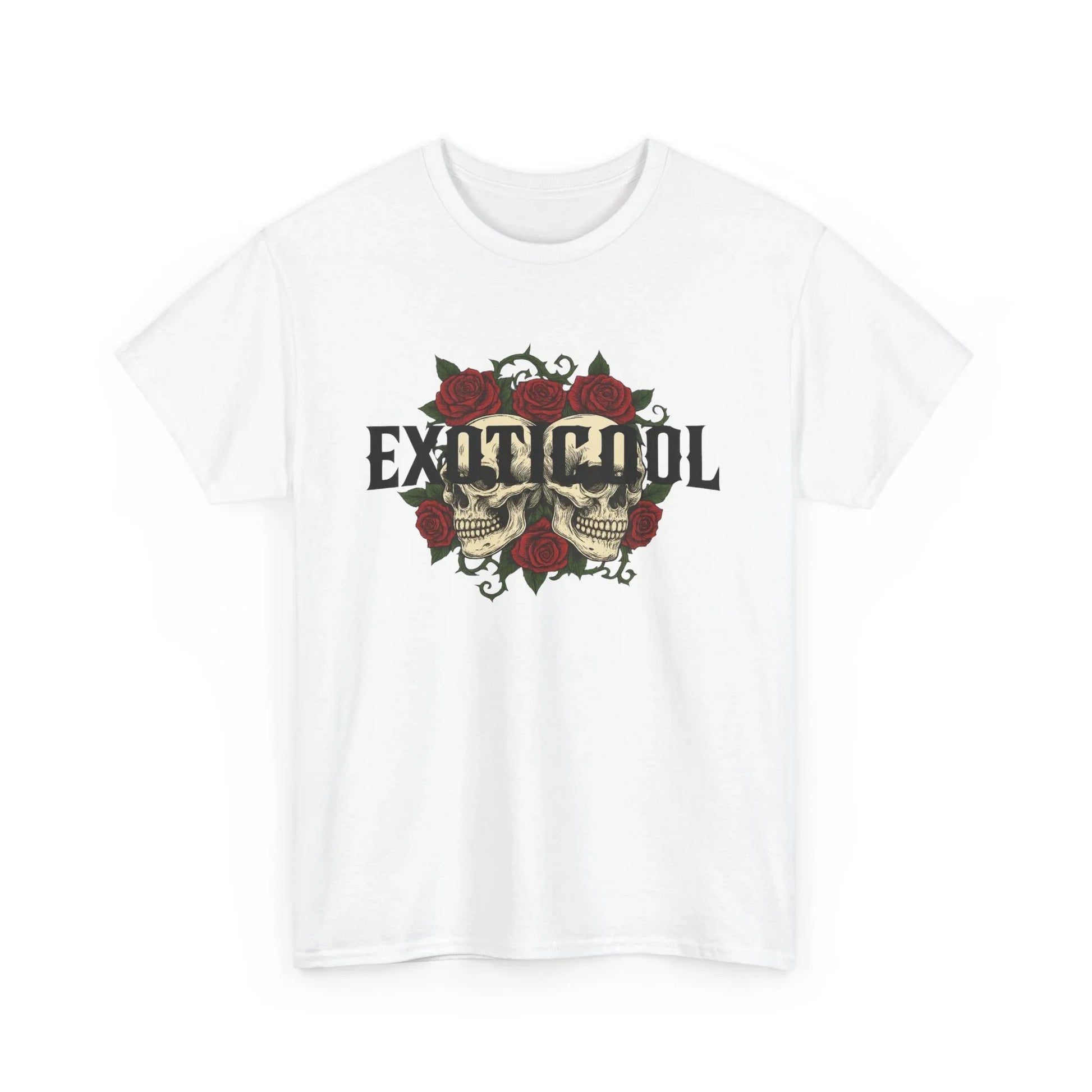 White t-shirt with twin skulls, red roses, and EXIT COOL gothic graphic design.
