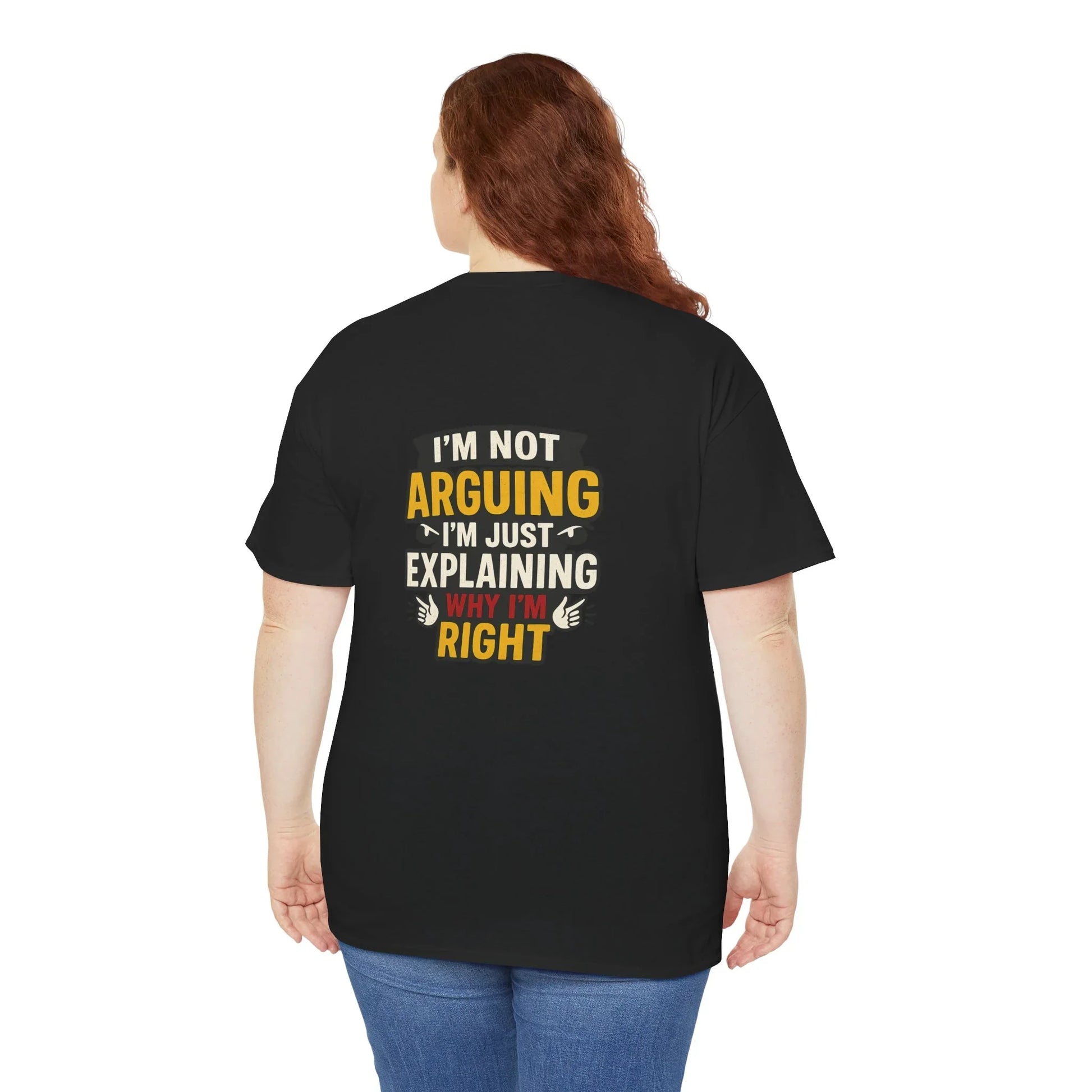 Woman wearing black graphic t-shirt with funny quote, denim jeans, casual apparel