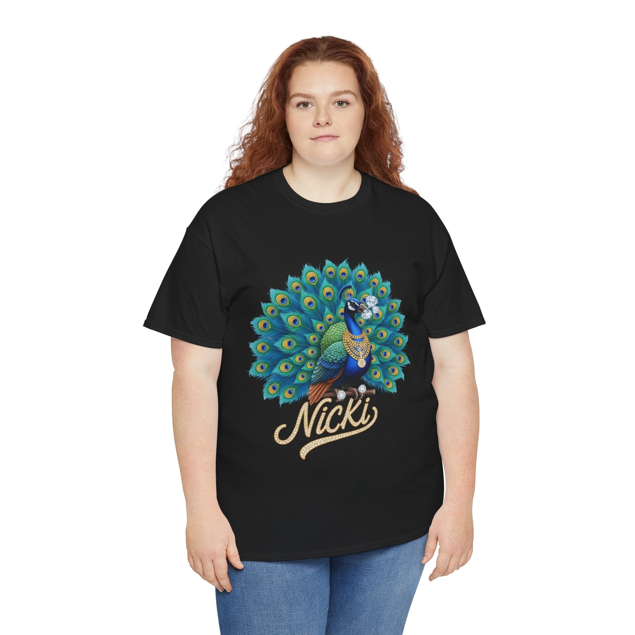 Peacock Pretty Pitbull Tee — Bold Peacock & ‘Nicki’ Graphic T-Shirt