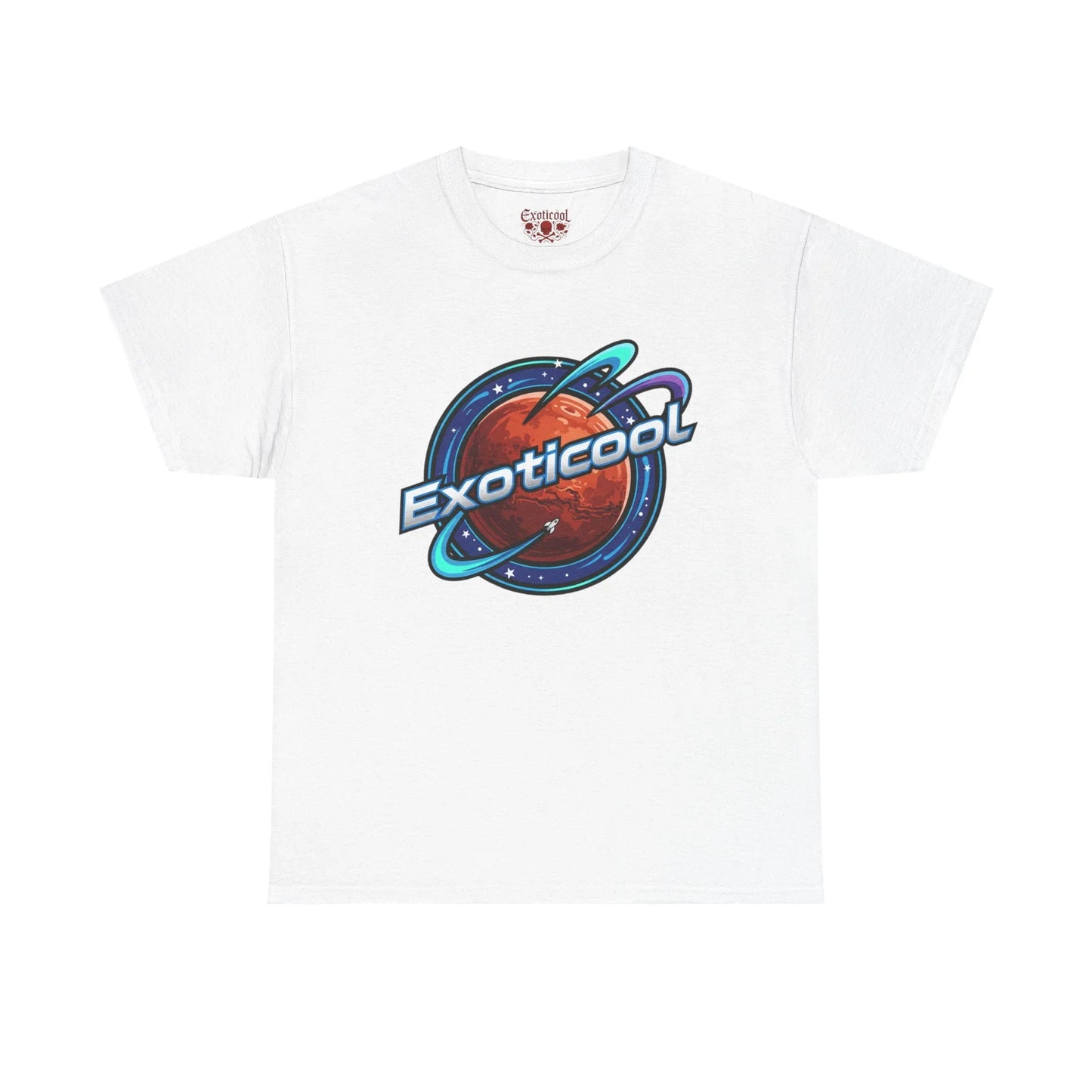 White Exoticoool t-shirt with space planet graphic and bold text on the front