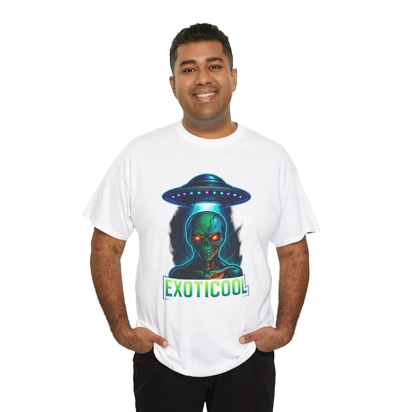 Man wearing white EXOTICOOL t-shirt with alien and UFO graphic, isolated background