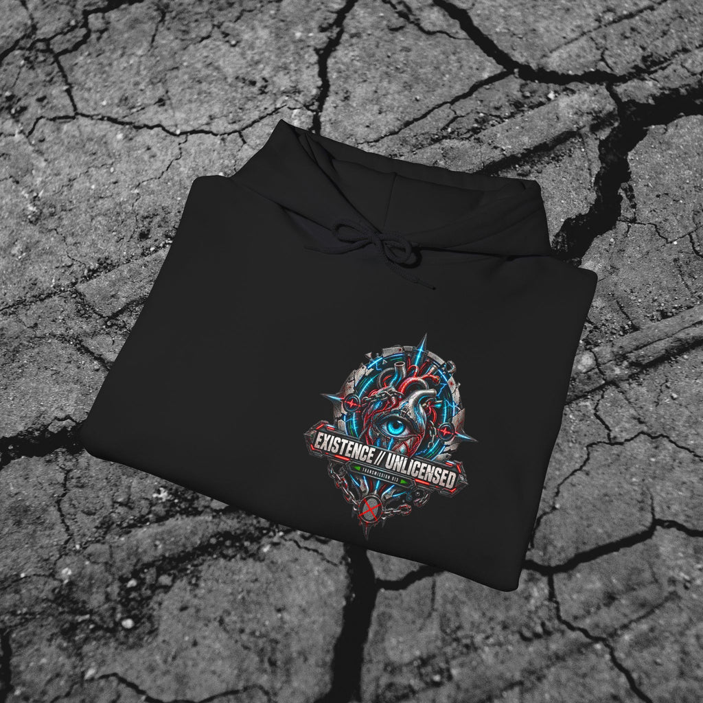 Folded black cyberpunk hoodie showing the vivid You Cannot License a Soul front artwork and heavyweight fabric