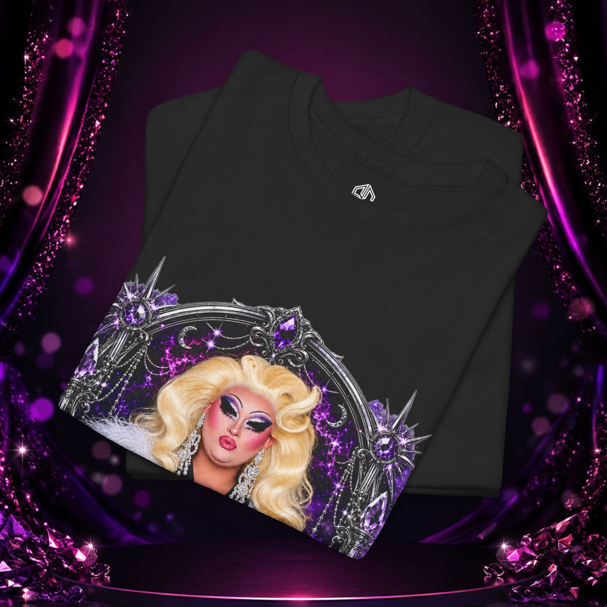 Folded black Deseraè Stephens Janaè Purple Reign Glamour Portrait Tee showing the purple jeweled drag artwork