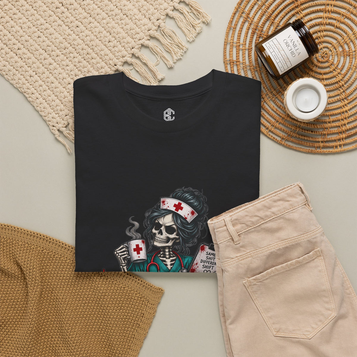 Black Vitals Fine Patience on Life Support nurse T-shirt styled flat with casual accessories