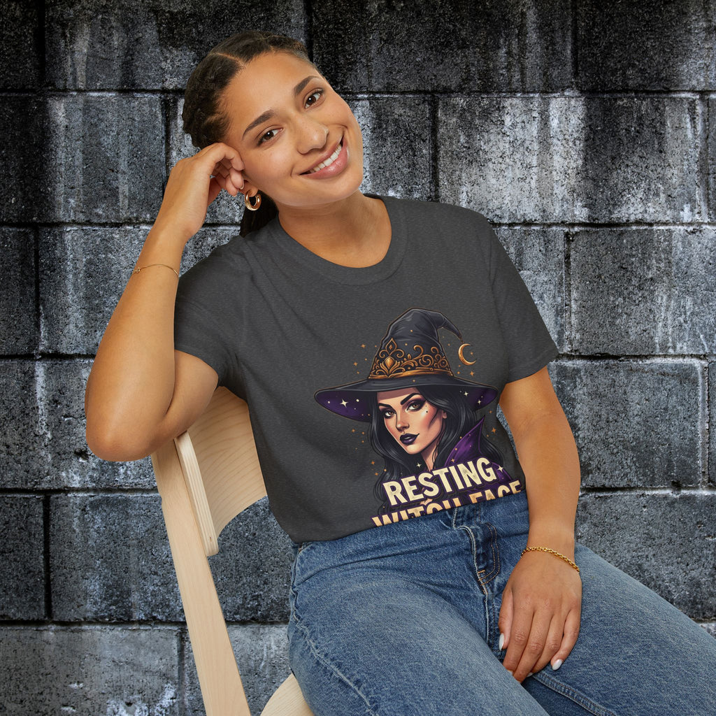Model wearing the Resting Witch Face Halloween graphic tee in black