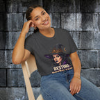 Model wearing the Resting Witch Face Halloween graphic tee in black