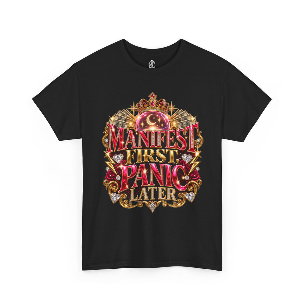 Black Manifest First, Panic Later heavyweight graphic tee with pink crystal ball, crown, cash and gold jewel artwork